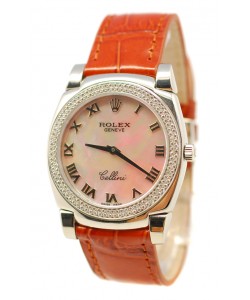 Rolex Celleni Cestello Reloj Suizo Señoras con Esfera Beige Perla Romana, Correa de Piel y Diamantes en Bisel
