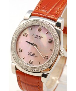 Rolex Celleni Cestello Reloj Suizo Señoras Penk con Esfera Perla, Correa de Piel y Diamantes en Bisel