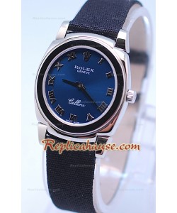 Rolex Celleni Cestello Reloj Suizo Señoras Esfera Romana Azul Plata y Correa de Nilón