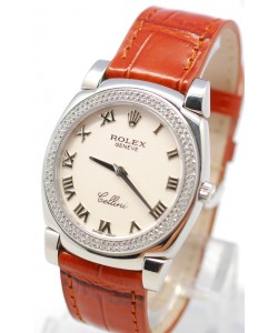 Rolex Celleni Cestello Reloj Suizo Señoras con Esfera Blanca Romana, Correa de Piel y Diamantes en Bisel