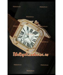 Cartier Santos 100, Réplica en escala 1:1, Reloj color Oro Rosado con Diamantes, tamaño 42MM