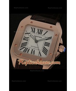 Cartier Santos 100 Reproducción Reloj Suizo de Oro Rosa - Esfera Blanca