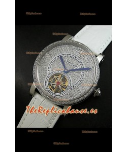 Reloj Turbillón Cartier Calibre con esfera de diamante y malla blanca