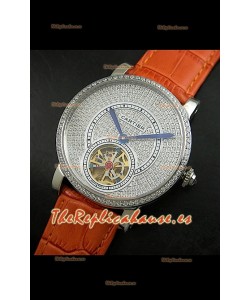 Reloj Turbillón Cartier Calibre con esfera de diamante y malla marrón clara