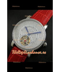Reloj Turbillón Cartier Calibre con esfera de diamante y malla roja