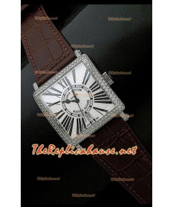 Franck Muller Master Square Reloj en Correa Marrón Oscuro y Esfera Blanca