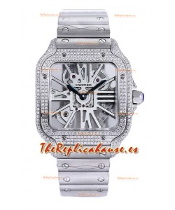 Santos De Cartier Reloj con Dial Skeleton - Bisel Diamante Caja y Correa en Acero Réplica Suiza