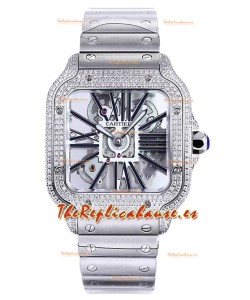Santos De Cartier Reloj con Dial Skeleton - Bisel Diamante Caja y Correa en Acero Réplica Suiza