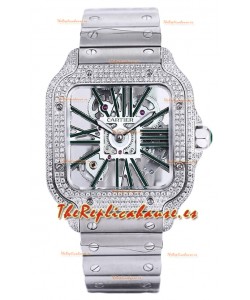 Santos De Cartier Reloj con Dial Skeleton - Bisel Diamante Caja y Correa en Acero Réplica Suiza