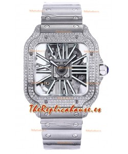 Santos De Cartier Reloj con Dial Skeleton - Bisel Diamante Caja y Correa en Acero Réplica Suiza