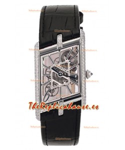Cartier Tank Asymétrique Stainless Steel Casing Bisel DiamantesWatch in Leather Strap Réplica Suiza