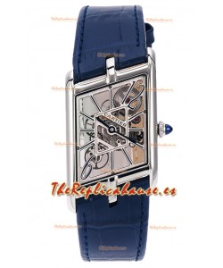 Cartier Tank Asymétrique Caja Acero Inoxidable Correa Azul Reloj en Correa de Piel Réplica Suiza