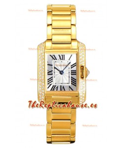 Cartier Tank Anglaise Yellow Gold Watch in Steel Strap Bisel Diamantes Swiss Quartz Watch 30MM