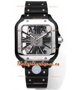 Santos De Cartier Reloj Dial Skeleton - Caja y Correa Acero revestida en DLC Correa de Goma