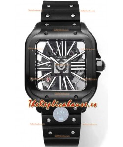 Santos De Cartier Reloj Dial Skeleton - Caja y Bisel Revestida en DLC Correa de Goma