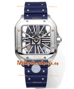 Santos De Cartier Reloj Dial Skeleton - Caja Acero Inoxidable Correa de Goma Azul