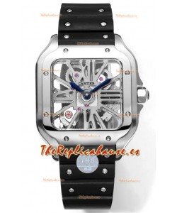 Santos De Cartier Reloj Dial Skeleton - Caja Acero Inoxidable y Bisel Negro Correa Goma