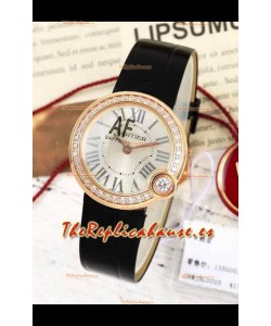 Ballon Blanc De Cartier Reloj Réplica Cuarzo Suizo Bisel Diamantes Caja Oro Rosado Correa Piel