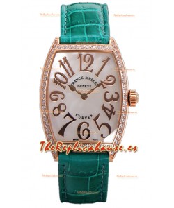 Franck Muller Cintree Curvex Dial Madre Perla Reloj Chapado en Oro Rosado - Correa Verde