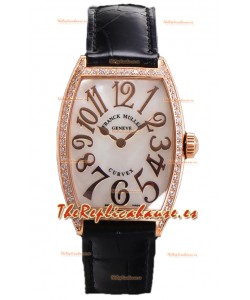 Franck Muller Cintree Curvex Dial Madre Perla Reloj Chapado en Oro Rosado - Correa Negra