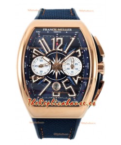 Franck Muller Vanguard V45 Cronógrafo 904L Oro Rosado Dial Azul Reloj Swiss