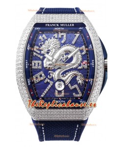 Franck Muller Vanguard Yachting Dragon V45 Dial Azul en Bisel Diamantes Réplica Suiza