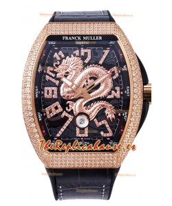 Franck Muller Vanguard Yachting Dragon V45 Dial Negro en Bisel Dorado Diamantes Réplica Suiza