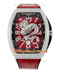 Franck Muller Vanguard Yachting Dragon V45 Dial Rojo Bisel Dorado Diamantes Réplica Suiza