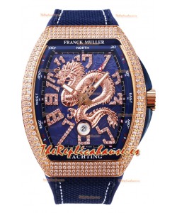 Franck Muller Vanguard Yachting Dragon V45 Dial Azul Bisel en Dorado Diamantes Réplica Suiza