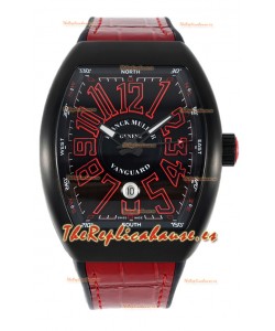 Franck Muller Vanguard en Caja Revestida DLC Dial Negroi Réplica Suiza Correa Roja 