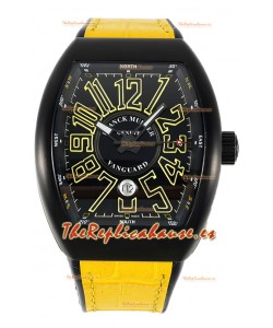 Franck Muller Vanguard en Caja Revestida DLC Dial Negro Réplica Suiza Correa Amarilla 