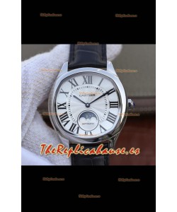 Drive De Cartier Reloj Réplica a espejo 1:1 Edición Moonphase en Acero Inoxidable - Dial Blanco