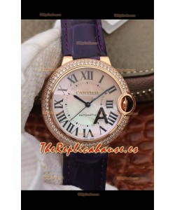 Ballon De Cartier Reloj Réplica Suizo Automático Calidad a Espejo 1:1 Caja de Oro Rosado con Correa Morada 36MM