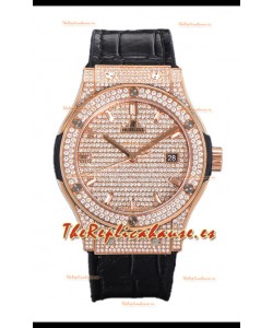 Hublot Classic Fusion Automático Dial Oro Rosado pavimentado en Diamantes Correa Gris 42MM Reloj Superclone Réplica