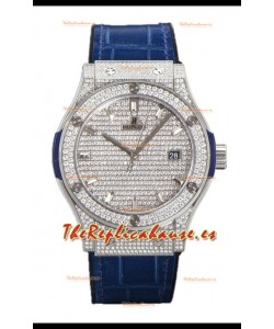 Hublot Classic Fusion Automático Dial Acero pavimentado en Diamantes Correa Azul 42MM Reloj Superclone Réplica 