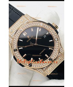 Hublot Classic Fusion Diamantes Oro Rosado Dial Negro Reloj Réplica Suizo Calidad Espejo 1:1