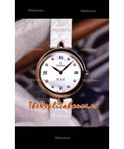 Omega De Ville Edición Prestige Dewdrop Reloj Cuarzo Suizo en Oro Rosado Correa Blanca