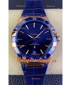 Omega Co-Axial Constellation 41MM Oro Rosado Acero 904L - Dial Azul Reloj Réplica Espejo 1:1