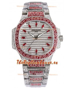 Patek Philippe Nautilus 7118R 35MM 1:1 Reloj con Diamantes Rojos Pavimentados en Caja Acero