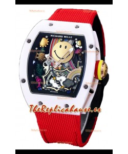 Richard Mille RM088 Reloj Réplica Tourbillon Smiley Caja Cerámica Blanca Correa Nylon Roja