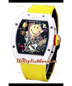 Richard Mille RM088 Reloj Réplica Tourbillon Smiley Caja Cerámica Blanca Correa Nylon Amarilla