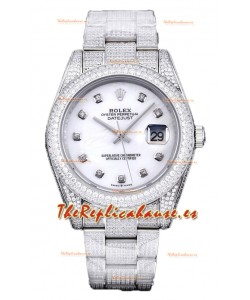 Rolex Datejust 41MM Réplica Suiza - Edición Iced Out con Dial en Blanco Perla