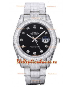 Rolex Datejust 41MM Réplica Suiza - Edición Iced Out en Dial Negro