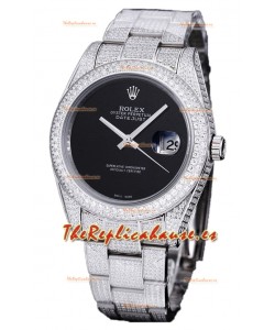 Rolex Datejust 41MM Réplica Suiza - Edición Iced Out en Dial Negro
