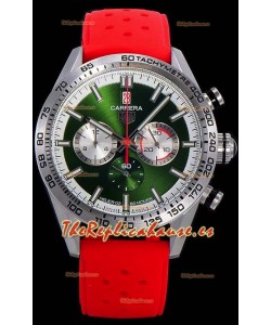 Tag Heuer Carrera Movimiento Cuarzo Suizo Reloj Réplica Dial Verde - Correa de Goma Roja