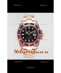 Rolex GMT Masters II Reloj Diamantes Suizos Caja en Acero 904L Oro Rosado - Calidad a Espejo 1:1