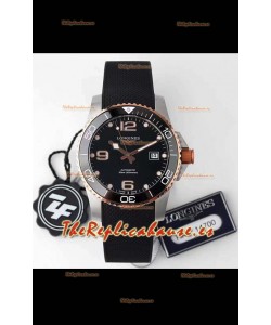 Longines HydroConquest Reloj Réplica Suizo a Espejo 1:1 Dial Negro Correa de Goma Bisel en Oro Rosado