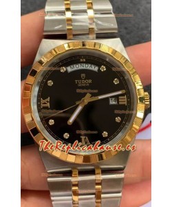 Tudor Reloj Edición Royal - Réplica Espejo 1:1 en Caja en Dos Tonos - Dial Diamantes Negro