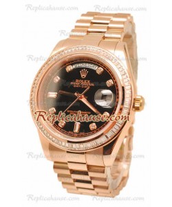 Rolex Day Date II Dial Negro Rose Gold Reloj Suizo Bisel de diamantes in 43MM