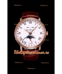 Blancpain "Villeret Quantième Complet" Reloj de Acero 904L en Oro Rosado Dial Blanco